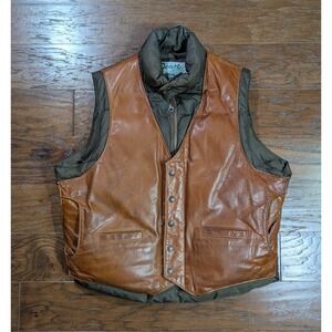 Schott NYC Vintage Down Puffer Vest Leather Front Brown Olive Green Mens 44 USA